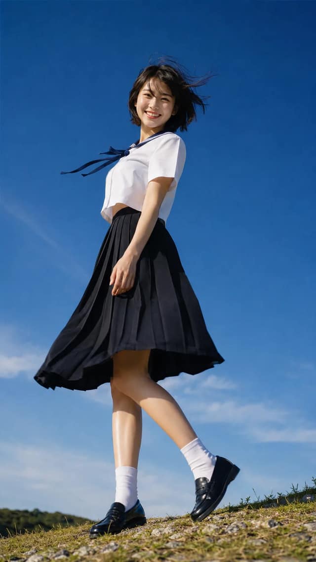 Create a 9:16 photorealistic outdoor full-body portrait of a clearly adult woman