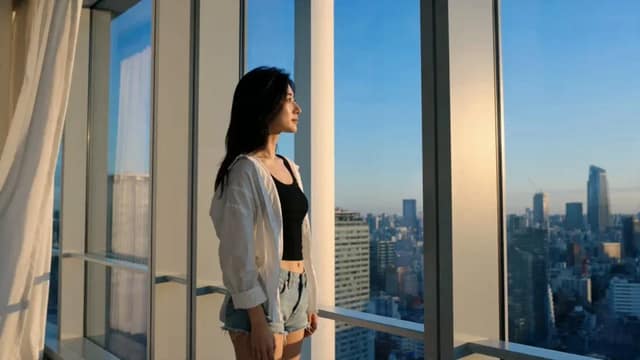 @image1(完全按照该参考图呈现,不进行任何重新设计)年轻女性,黑色长发,白色衬衫外搭黑色背心,牛仔短裤

场景:现代化室内空间,一面巨大落地窗正对着晴朗的