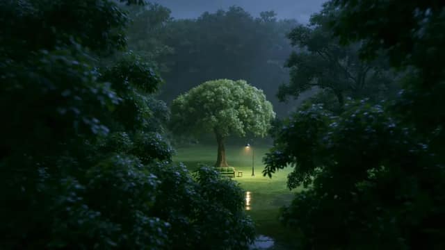 Use the uploaded image as the exact visual reference: a peaceful forest clearing