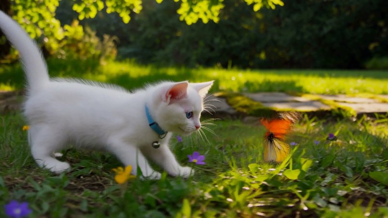 MiniMax H3 Max Turbo Text-zu-Video-Standbild: weißes Kätzchen jagt einen Schmetterling durch einen sonnigen Garten